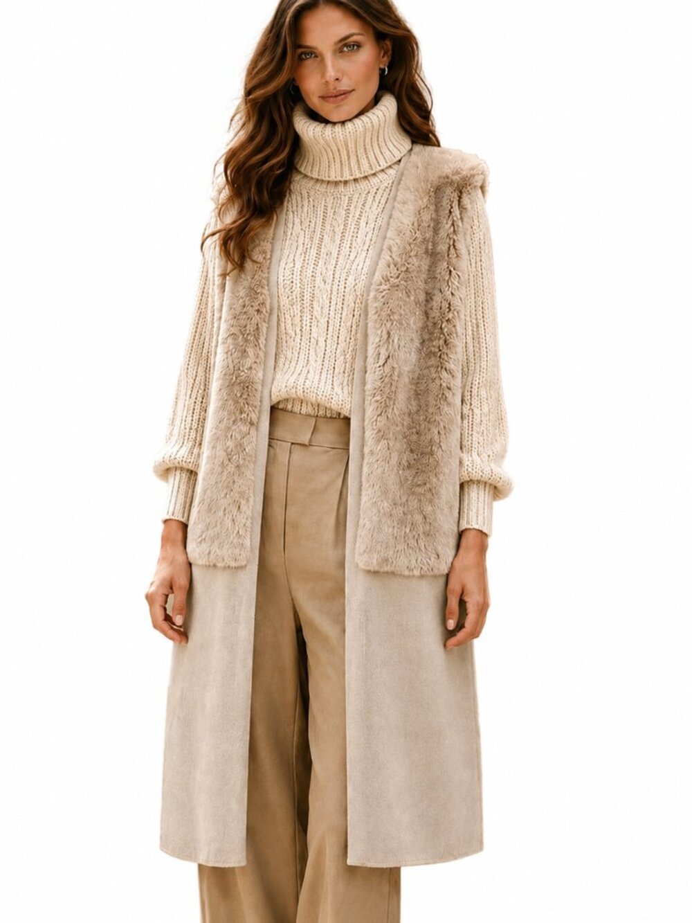 Icone by Simons Long Faux Fur Knit Vest | 50% wool